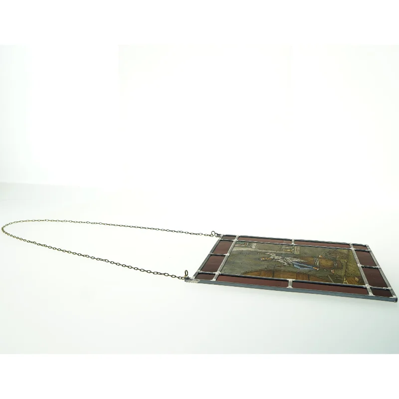 Blyindfattet glasvindue med billede (str. 32x25,5 cm)