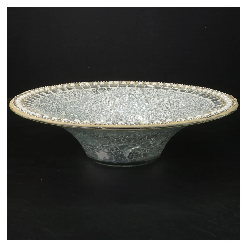 Dekorativt glasfad med perler (str. Ø 29,5 cm)