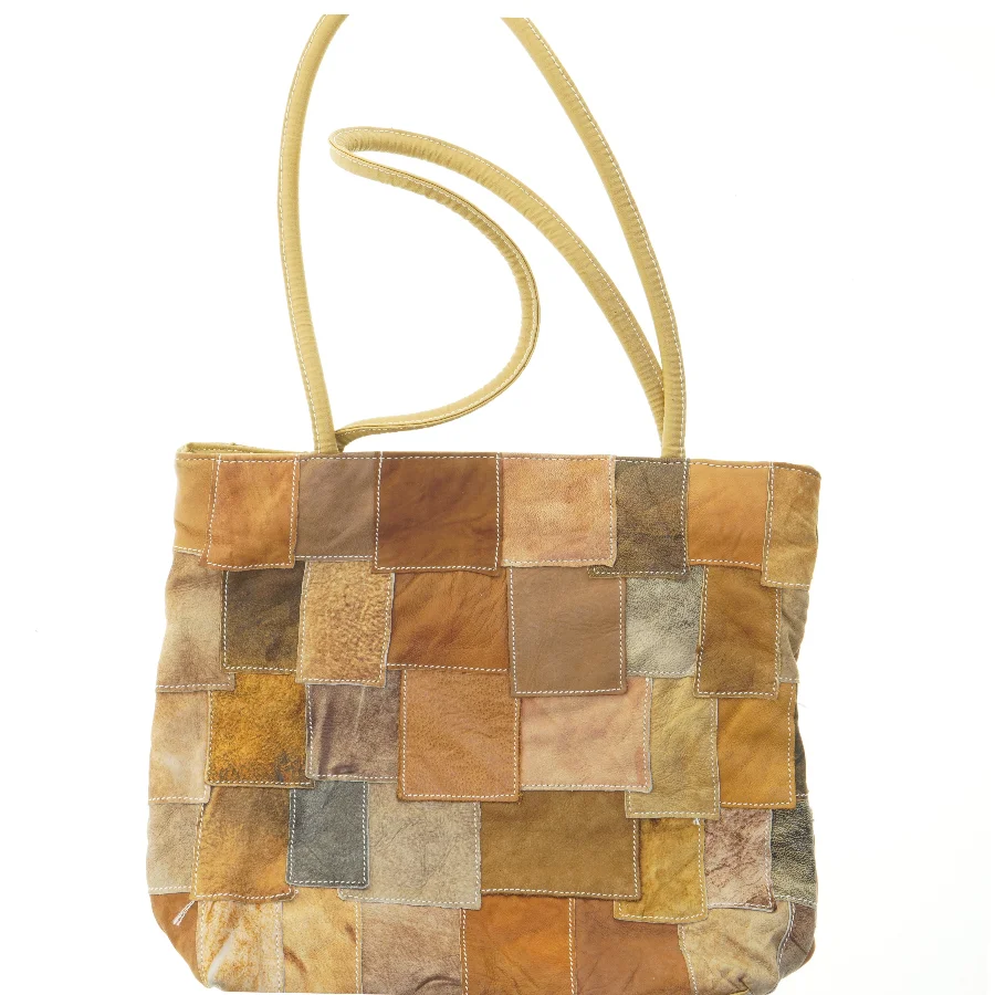 Læder patchwork taske (str. 31x36 cm)