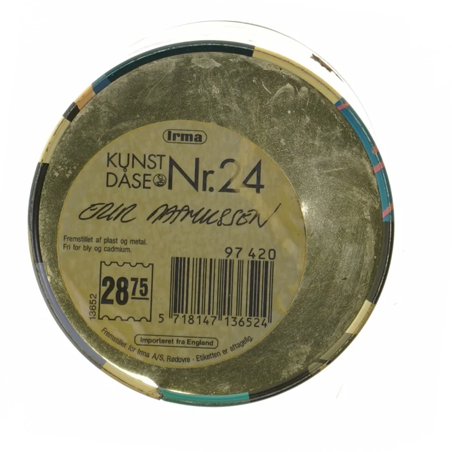 Farverig opbevaringsdåse med låg fra Irma (str. Ø. 11,5 cm. længde, 15 cm)