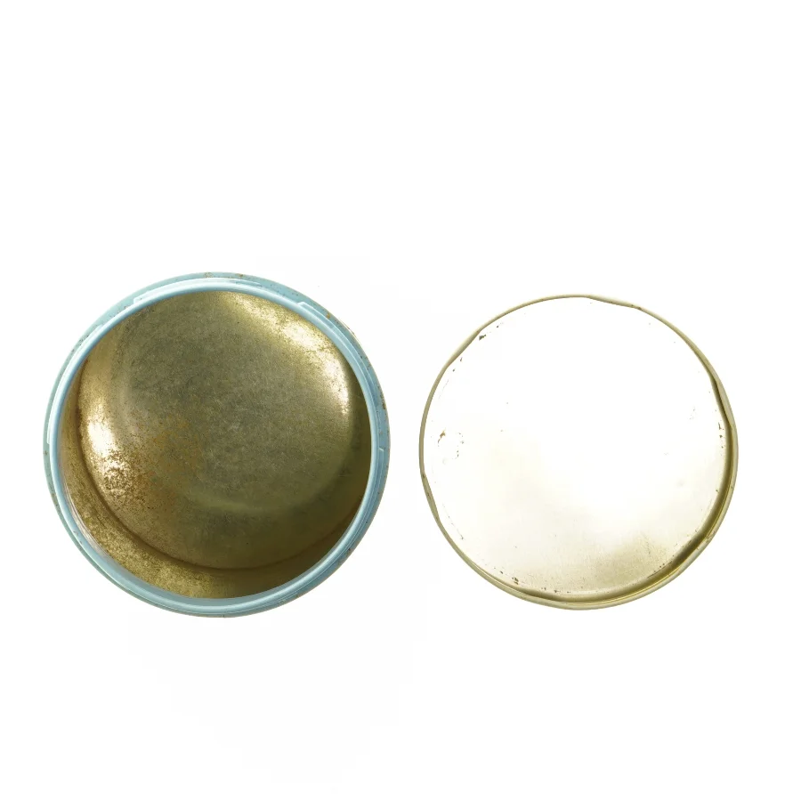 Malet rund metalbeholder med låg fra Irma (str. Ø. 11,5 cm. længde, 15 cm)