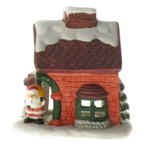 Keramisk julehus med sne og julemand (str. 10x10,5 cm)