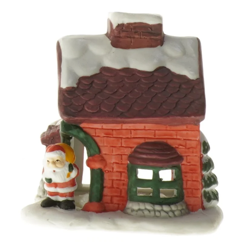 Keramisk julehus med sne og julemand (str. 10x10,5 cm)