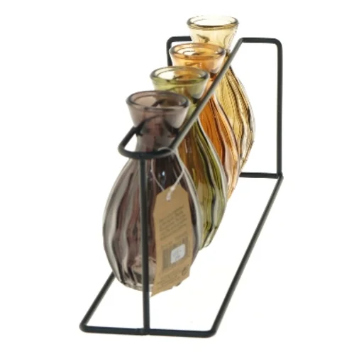 Sæt med farvede glasvaser i metalstativ fra Det Gamle Apotek (str. 27,5x8x13 cm)