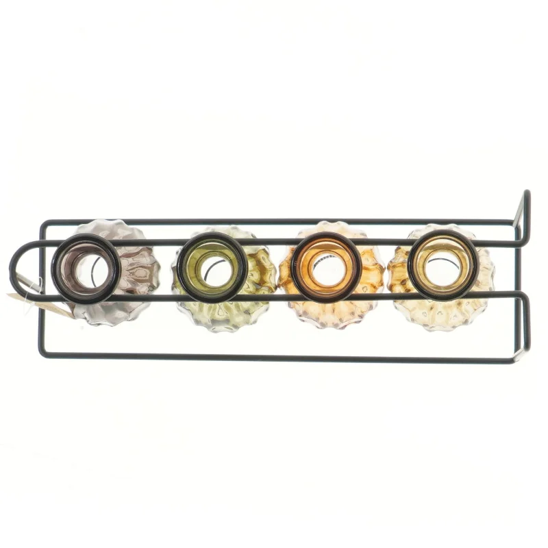 Sæt med farvede glasvaser i metalstativ fra Det Gamle Apotek (str. 27,5x8x13 cm)