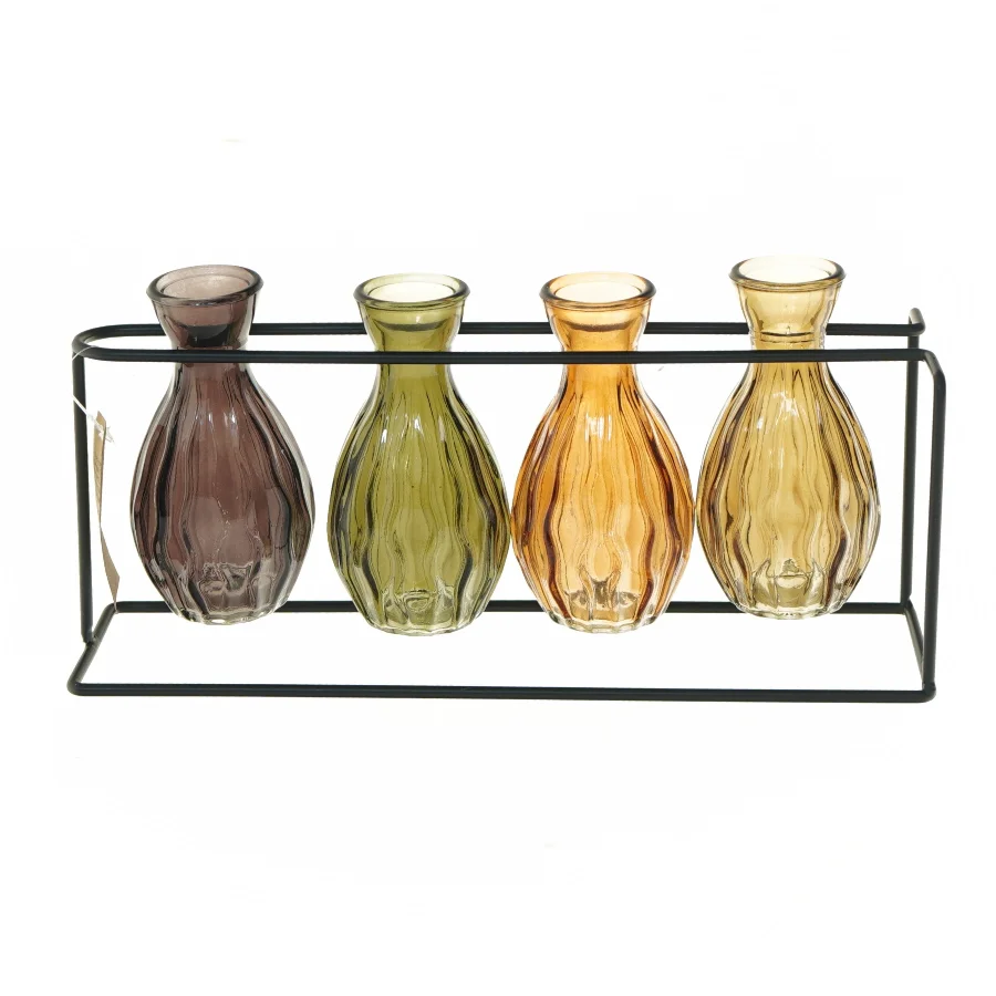 Sæt med farvede glasvaser i metalstativ fra Det Gamle Apotek (str. 27,5x8x13 cm)
