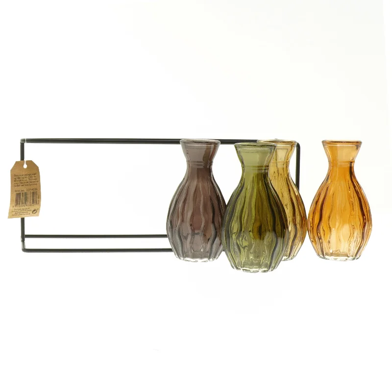 Sæt med farvede glasvaser i stativ fra Det Gamle Apotek (str. 11x27x8 cm)
