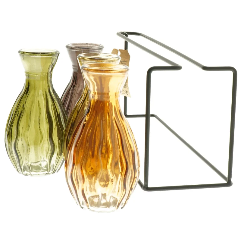 Sæt med farvede glasvaser i stativ fra Det Gamle Apotek (str. 11x27x8 cm)