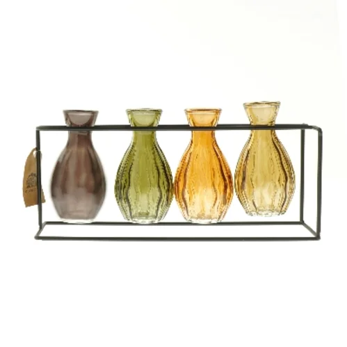 Sæt med farvede glasvaser i stativ fra Det Gamle Apotek (str. 11x27x8 cm)