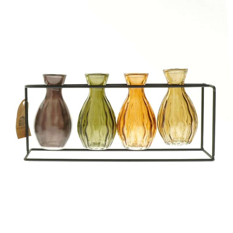 Sæt med farvede glasvaser i stativ fra Det Gamle Apotek (str. 11x27x8 cm)