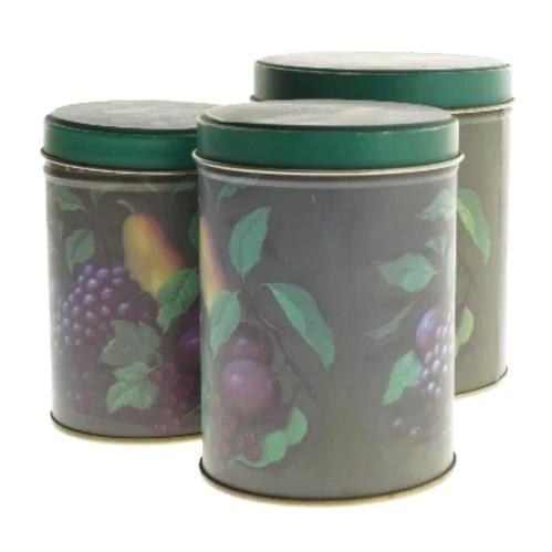 Runde opbevaringsdåser med frugtprint (str. 11,5 cm og 13 cm og 13,7 cm)