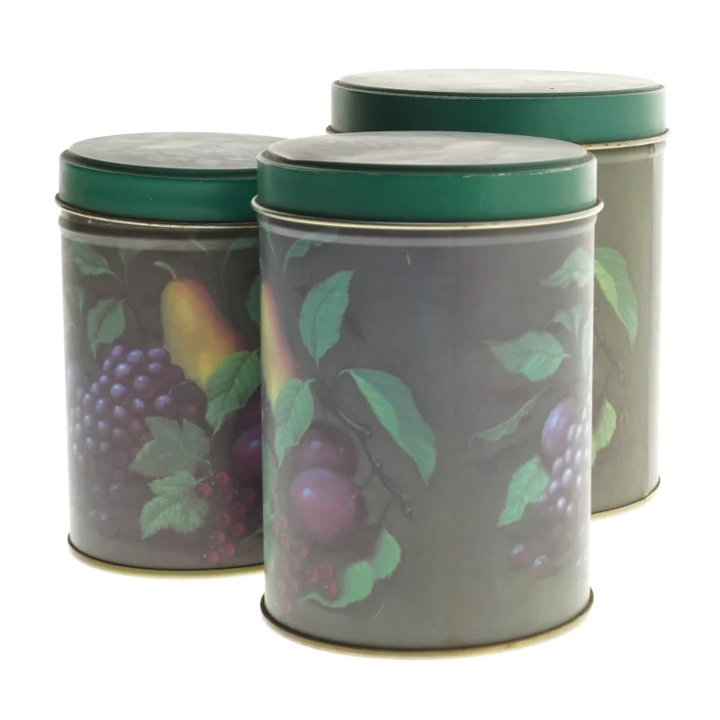 Runde opbevaringsdåser med frugtprint (str. 11,5 cm og 13 cm og 13,7 cm)