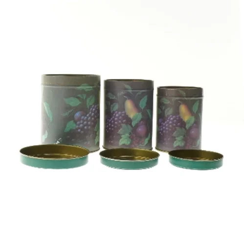 Runde opbevaringsdåser med frugtprint (str. 11,5 cm og 13 cm og 13,7 cm)