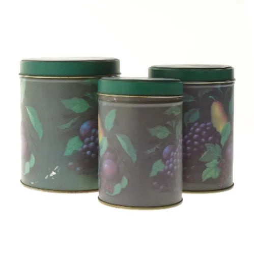 Runde opbevaringsdåser med frugtprint (str. 11,5 cm og 13 cm og 13,7 cm)