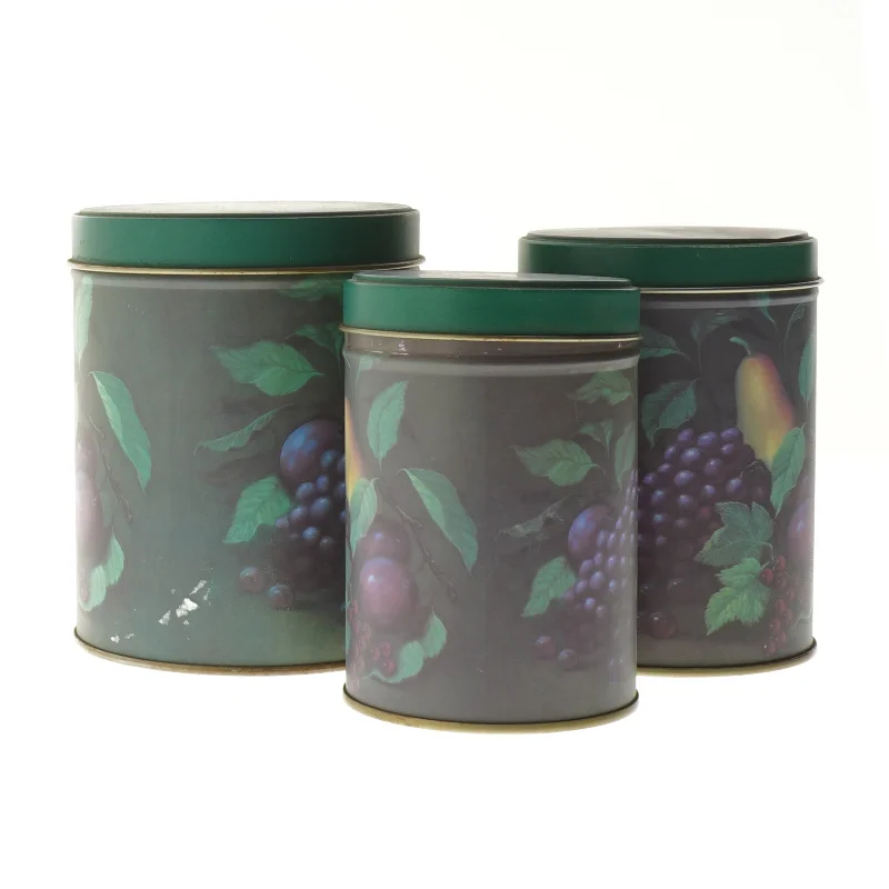 Runde opbevaringsdåser med frugtprint (str. 11,5 cm og 13 cm og 13,7 cm)