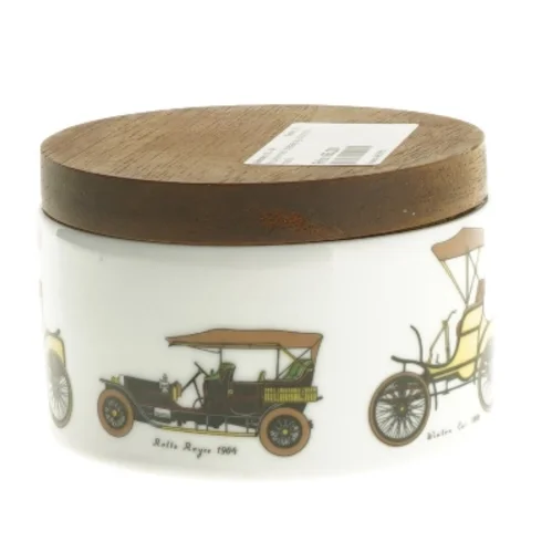 Krukke med trælåg og automobilmotiv fra Bavaria (str. Ø 11 cm)