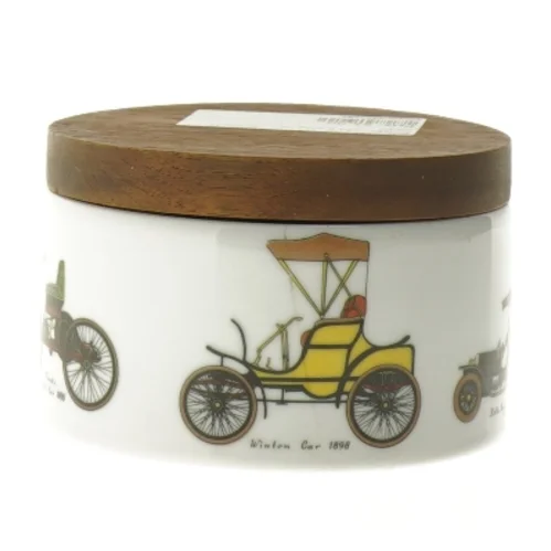 Krukke med trælåg og automobilmotiv fra Bavaria (str. Ø 11 cm)