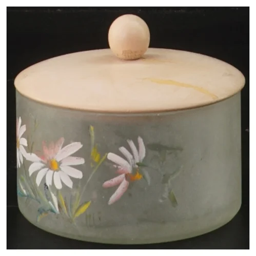 Glaskrukke med låg og blomster (str. Ø 9 cm)