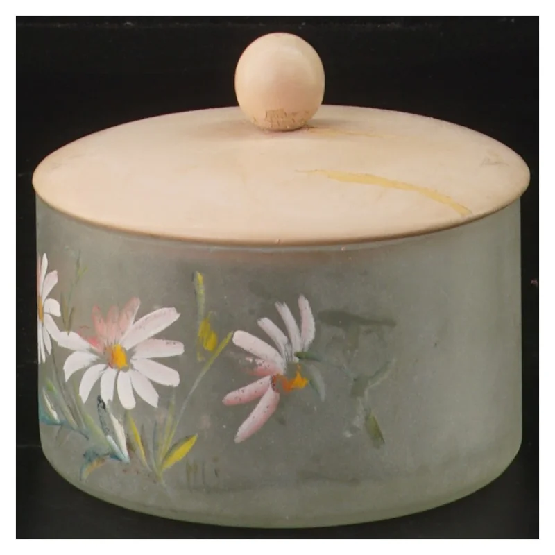 Glaskrukke med låg og blomster (str. Ø 9 cm)