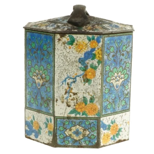 Antik dekoreret beholder (str. ø 13, 12 cm)