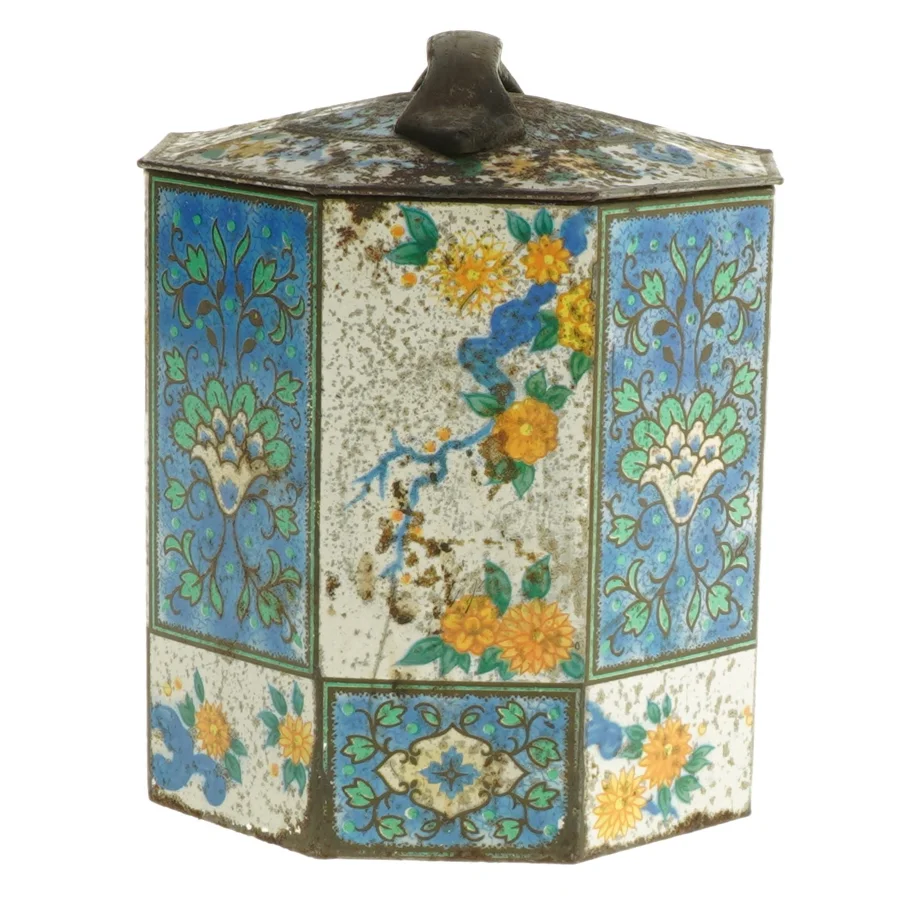 Antik dekoreret beholder (str. ø 13, 12 cm)