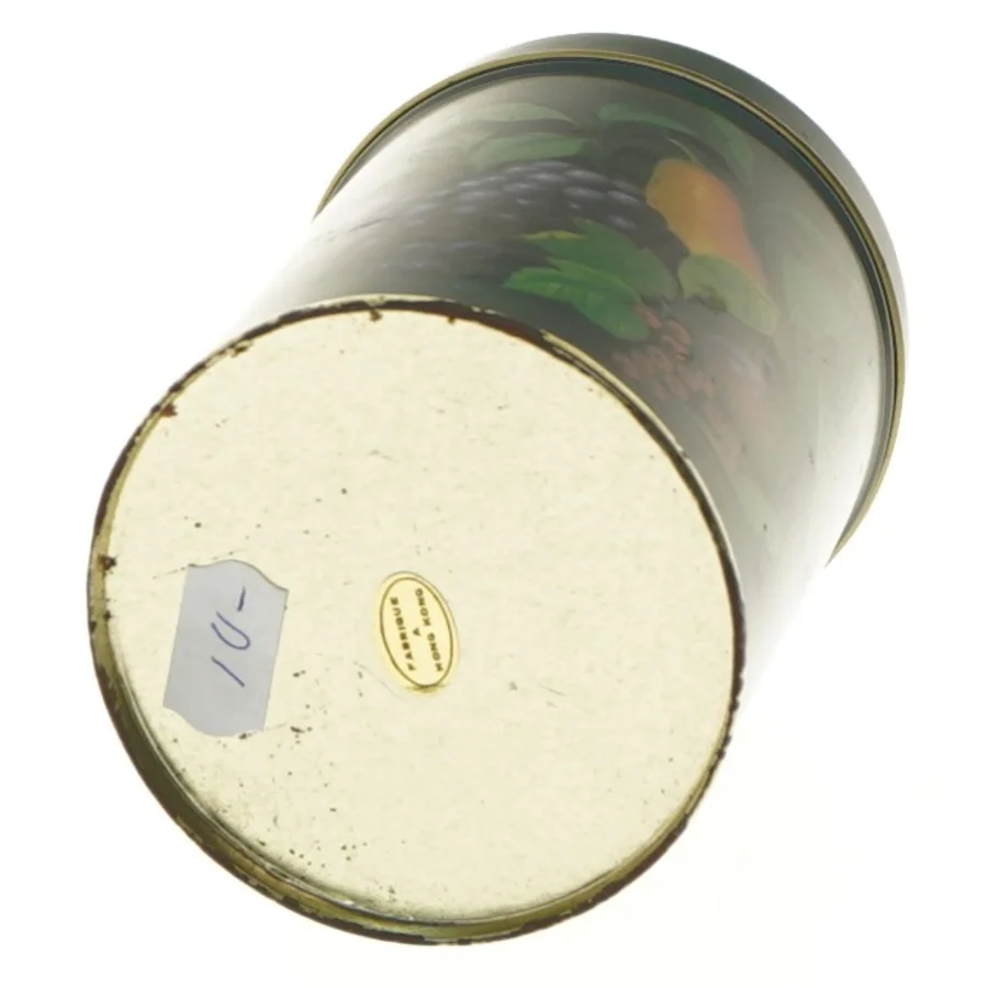 Dekorativ metalbeholder med frugtmotiv (str. Ø 8,5x12 cm)