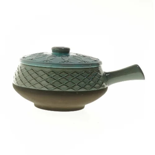 Keramisk skål med låg og håndtag (str. Ø 16 cm)