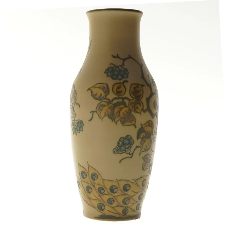 Dekorativ vase med påfuglemotiv fra L. Hjorth (str. 28 cm)