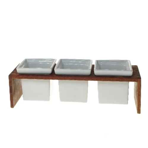 Rosendahl krydderurteholder/serveringssæt med tre firkantede skåle i træholder (str. 33x11 cm)