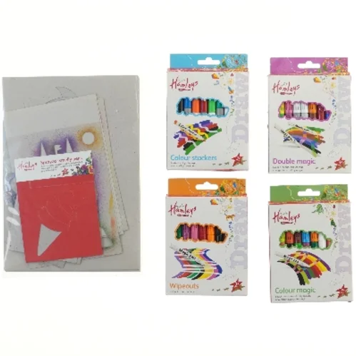 4 stk. tegnesæt fra Hamleys (Colour stackers, Double magic, Wipeouts, Sprayza' smelly og Colour magic)