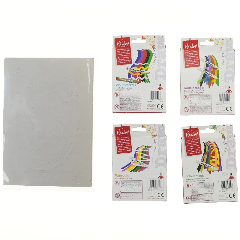 4 stk. tegnesæt fra Hamleys (Colour stackers, Double magic, Wipeouts, Sprayza' smelly og Colour magic)