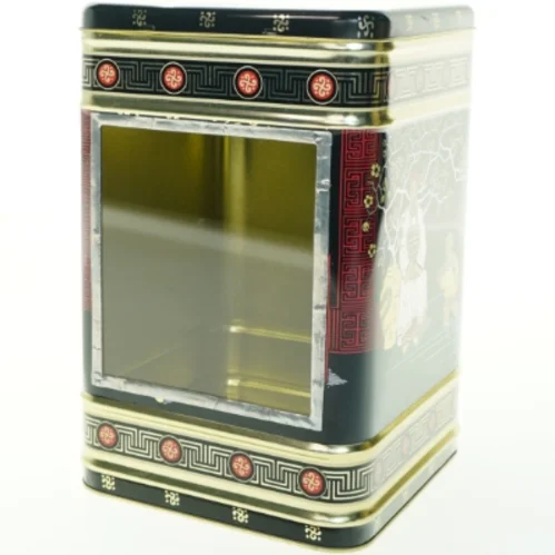 Asiatisk inspireret metaldåse (str. H. 25,5 cm. 16,5 x 16,5 cm)