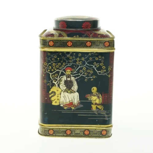 Vintage Tindekasse med Asiatiske Motiver (str. H. 22 cm. 14,5 x 14,5 cm)