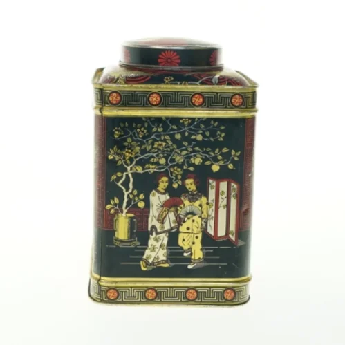 Vintage Tindekasse med Asiatiske Motiver (str. H. 22 cm. 14,5 x 14,5 cm)