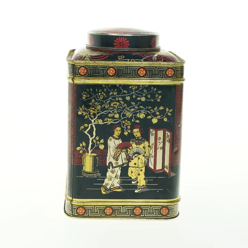 Vintage Tindekasse med Asiatiske Motiver (str. H. 22 cm. 14,5 x 14,5 cm)