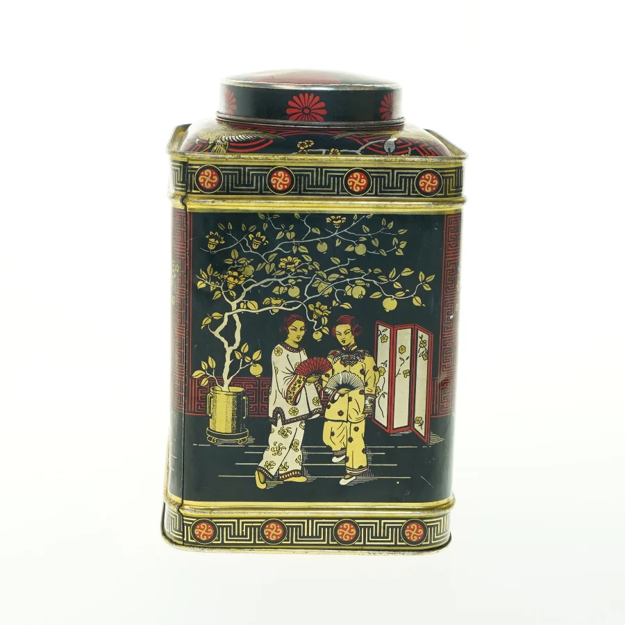 Vintage Tindekasse med Asiatiske Motiver (str. H. 22 cm. 14,5 x 14,5 cm)