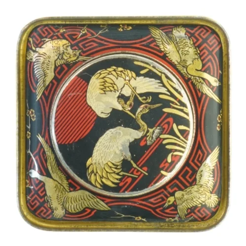 Vintage Tindekasse med Asiatiske Motiver (str. H. 22 cm. 14,5 x 14,5 cm)