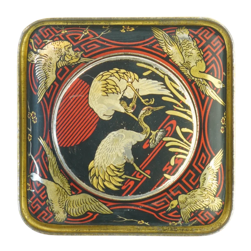 Vintage Tindekasse med Asiatiske Motiver (str. H. 22 cm. 14,5 x 14,5 cm)