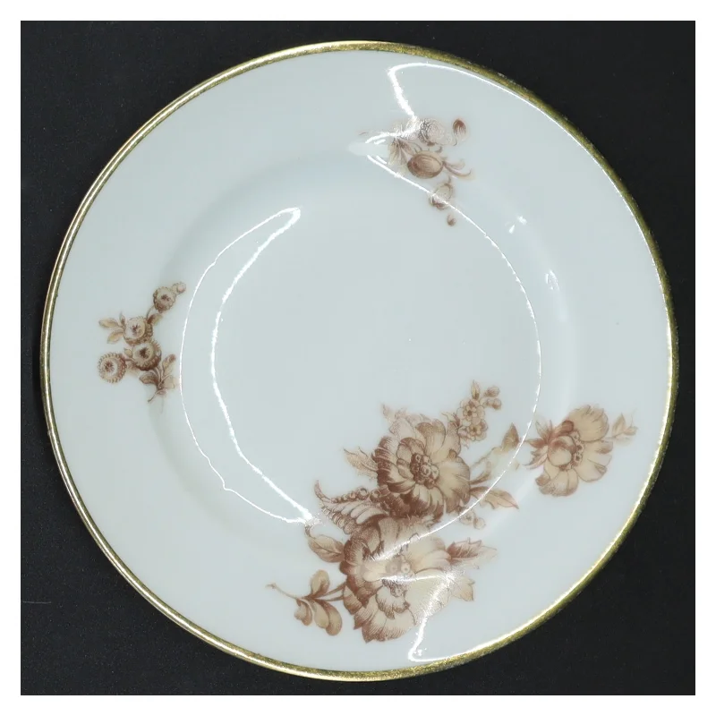 Porcelænstallerkener med guldkant og blomstermotiv (str. Ø 15 cm)
