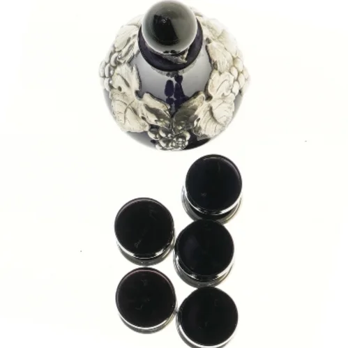 Glas karaffel med fem glas fra Arendal Kandestøber (str. 27 og 9 cm)