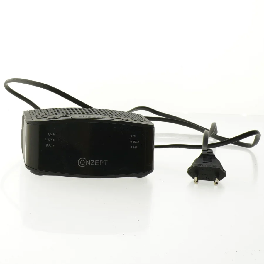 Sort vækkeur med FM radio fra Conzept (str. 12x11 cm)