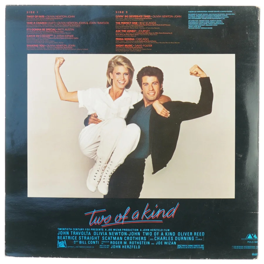 Lp plade john travolta&olivia newton john two of a kind fra Polar Music International (str. 31 x 31 cm)