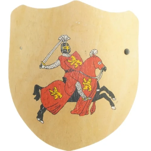 Træskjold med riddermotiv (str. 37x33 cm)