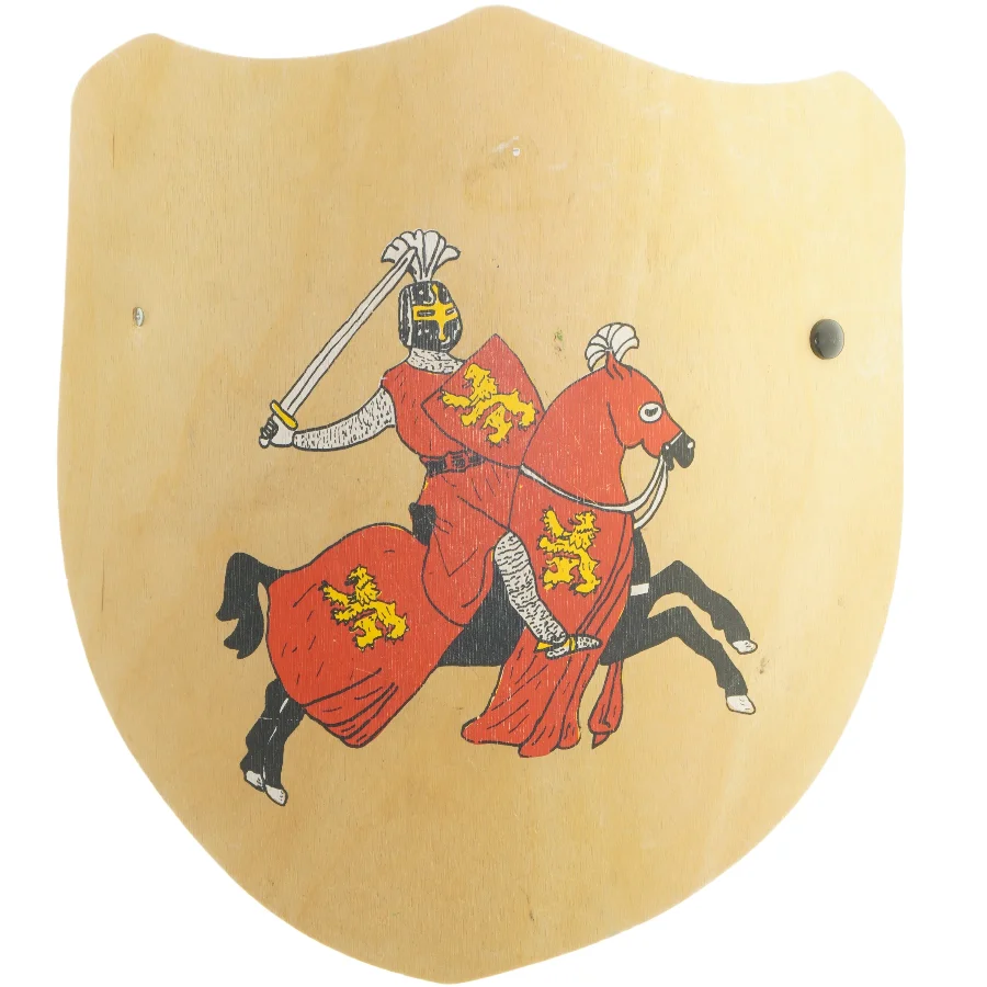 Træskjold med riddermotiv (str. 37x33 cm)