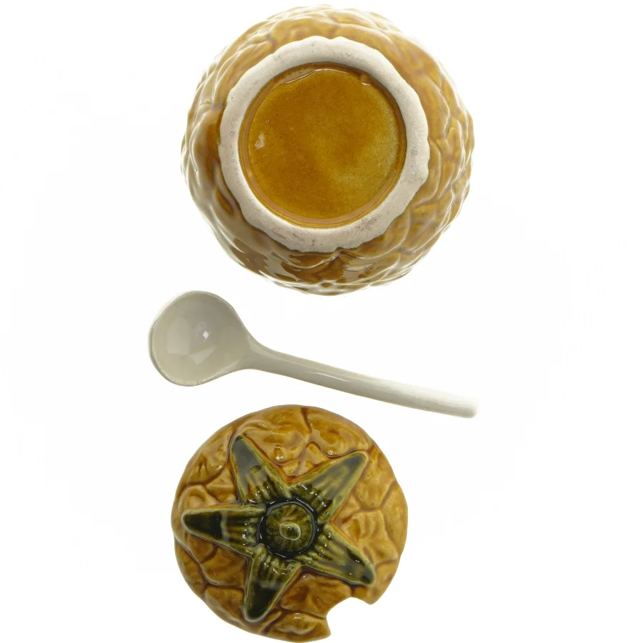 Gammel marmelade- eller honningkrukke med låg og ske (str. Ø 7x11 cm)