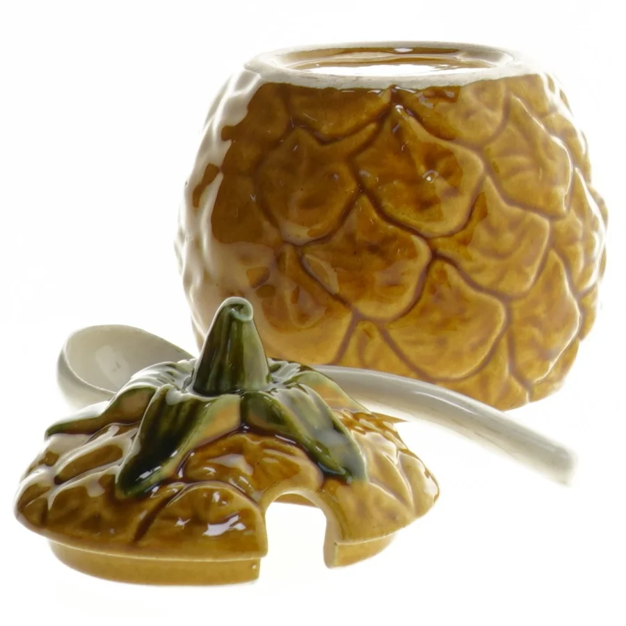 Gammel marmelade- eller honningkrukke med låg og ske (str. Ø 7x11 cm)