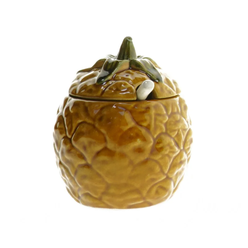 Gammel marmelade- eller honningkrukke med låg og ske (str. Ø 7x11 cm)