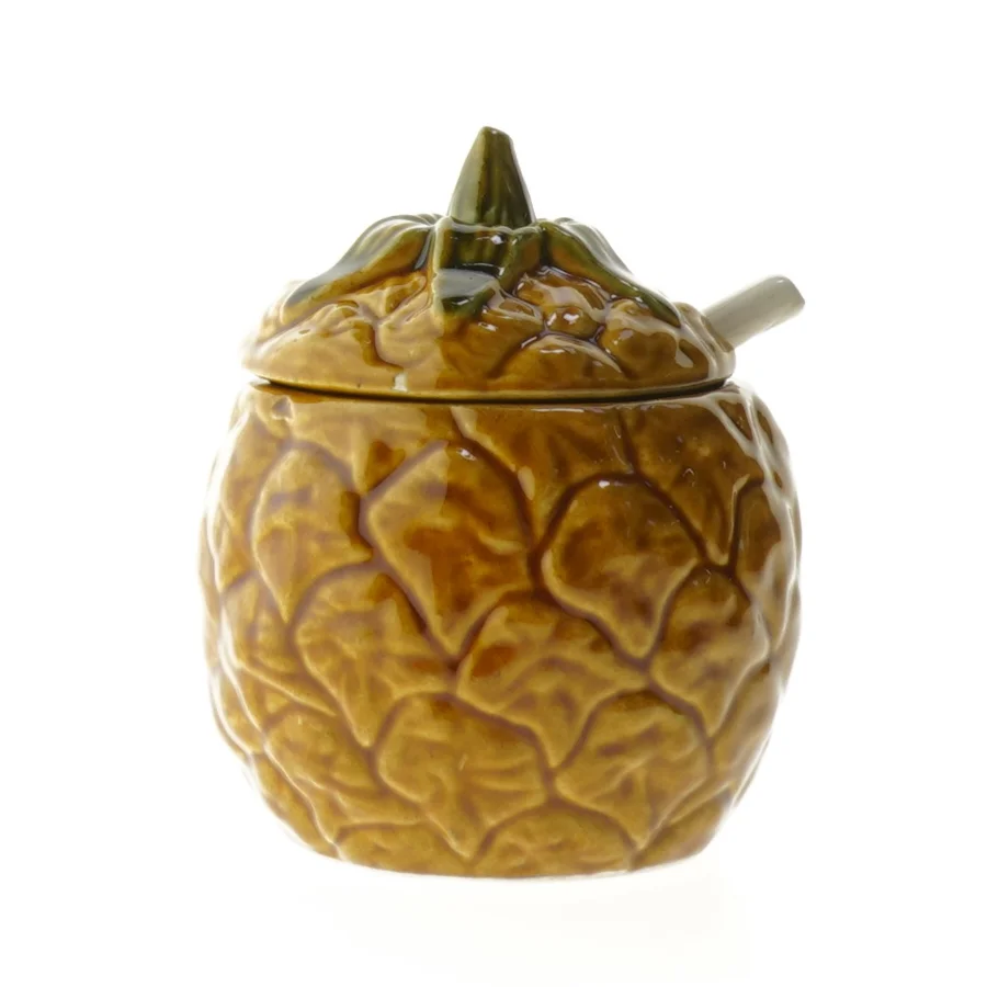 Gammel marmelade- eller honningkrukke med låg og ske (str. Ø 7x11 cm)