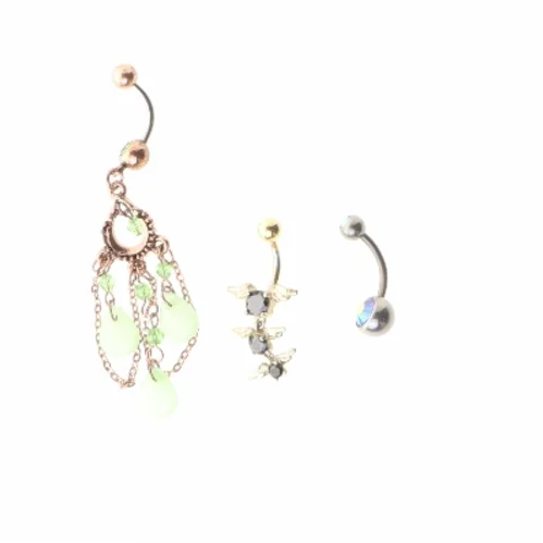 Navlepiercinger med vedhæng (str. 6,5 og 2,5 og 2 cm)