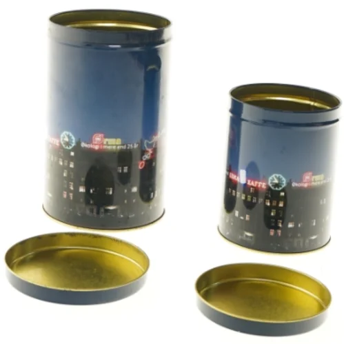 Metaldåser med bymotiv fra Coop (str. Ø 10 og 11,5 cm længde 13 og 18 cm)